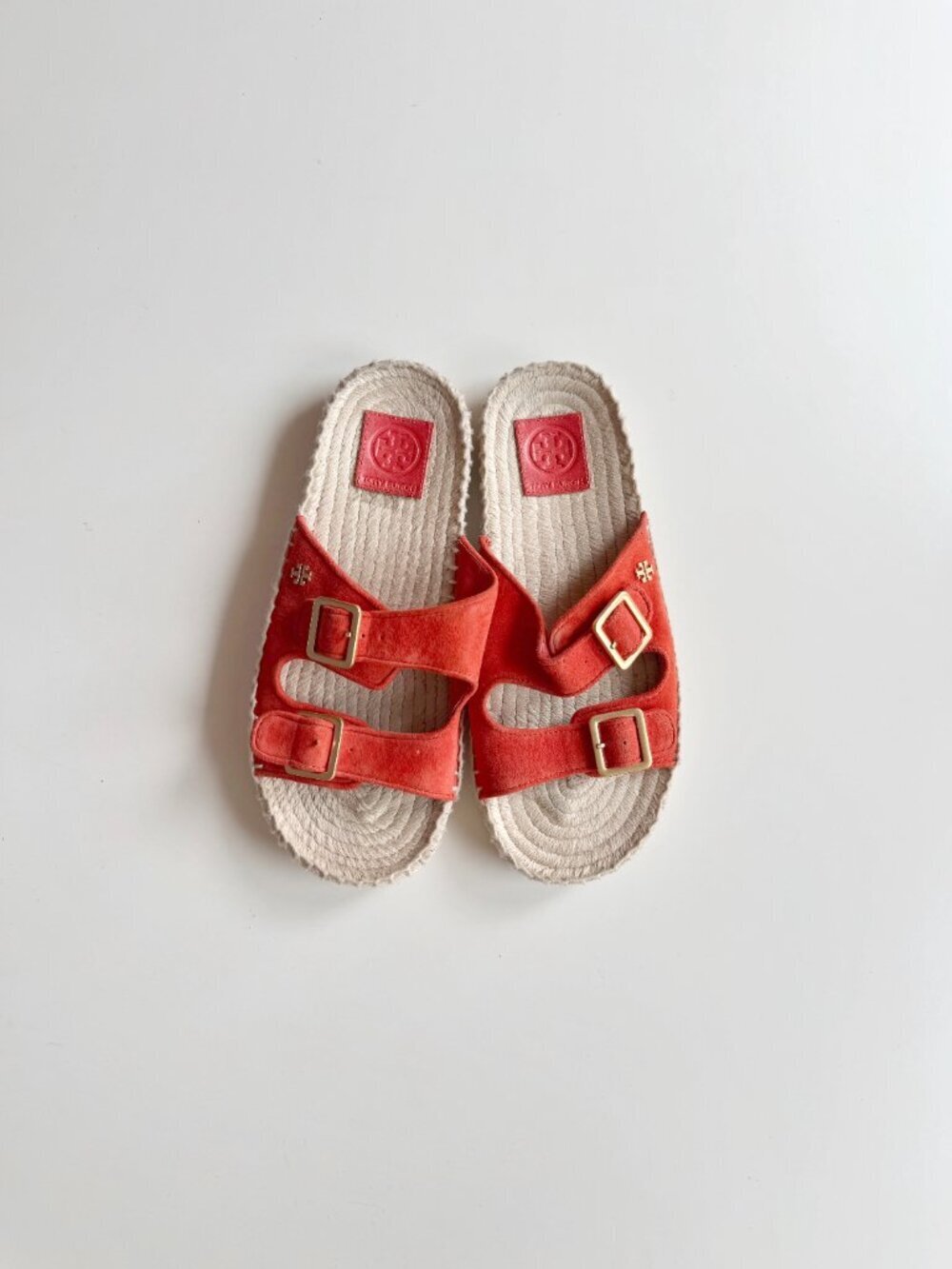 TORY BURCH Orange Suede Double Buckle Espadrille Slide Sandals, Size 7.5